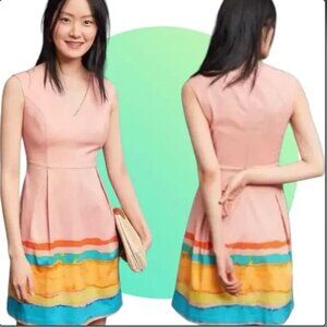 Tracy Reese x Anthropologie Orange Peach Stripe Painterly Fit Flare Dress Size 6
